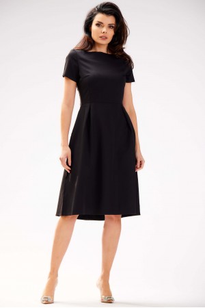 Rochie neagra office clasica de zi midi cu maneci scurte