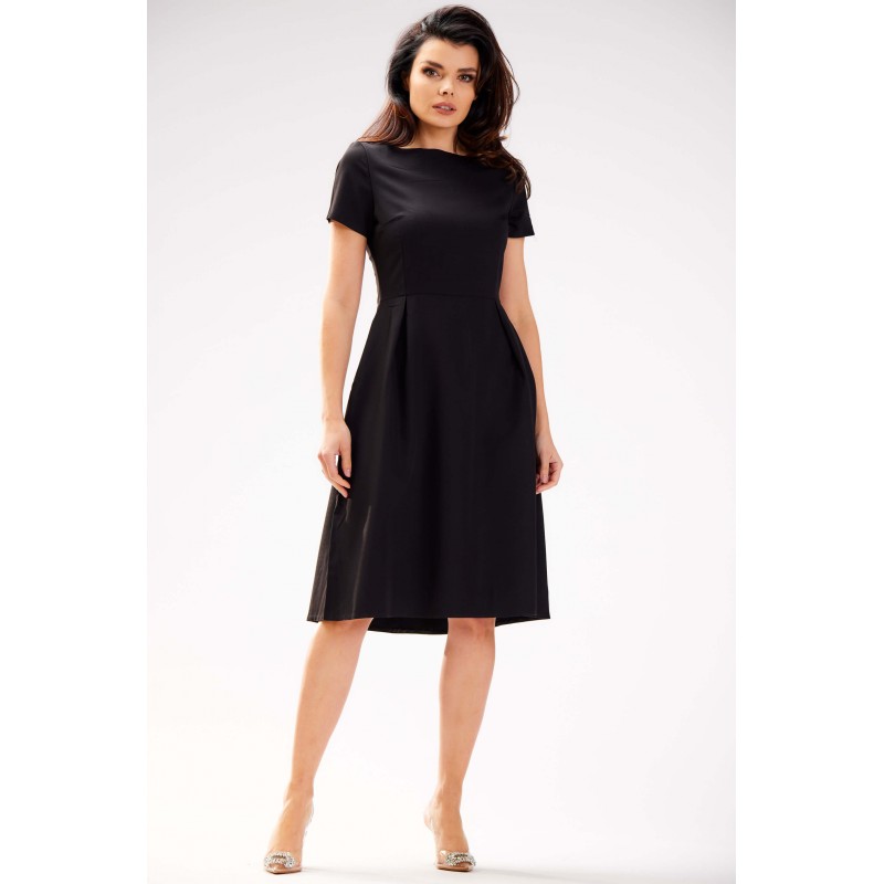 Rochie neagra office clasica de zi midi cu maneci scurte